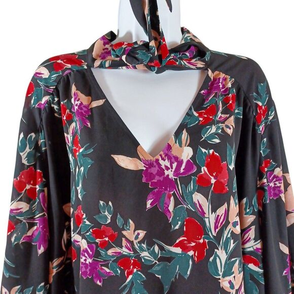EVRI 4X Floral Tie Neck Tunic Blouse Black Red Purple Long Sleeve Semi Sheer - Picture 4 of 9